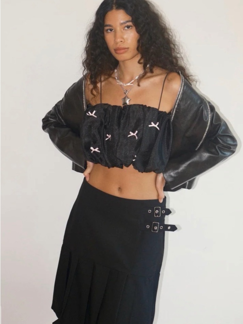 Lisa Says Gah Black Satin Cropped Top with Pale Pink Stitching - Picture 6 of 7